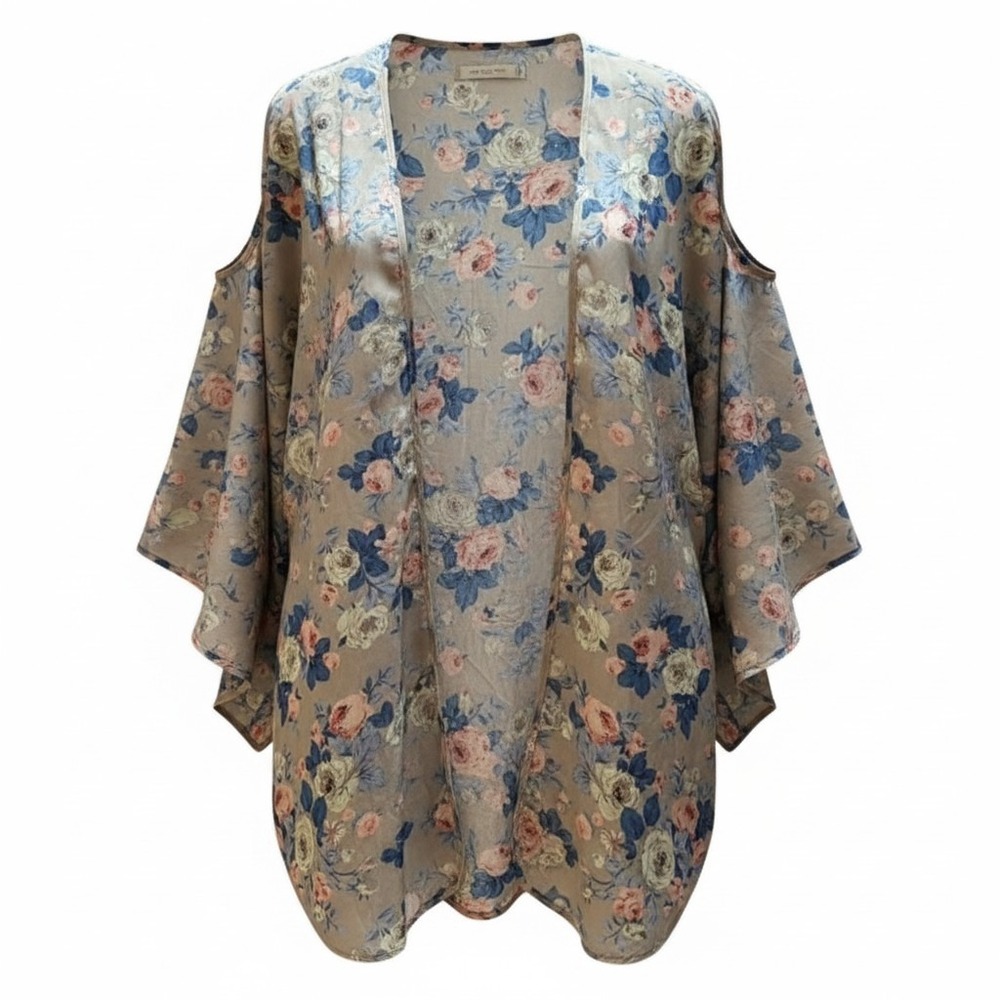 Leshop Floral Kimono Cardigan Medium Gray Floral Cold Shoulder Cover Up Romantic